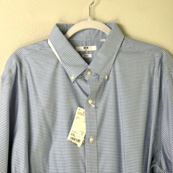 Uniqlo Easy Care Checked Stretch Slim Fit Long Sleeve Shirt Mens XXL Blue NWT - Picture 2 of 10
